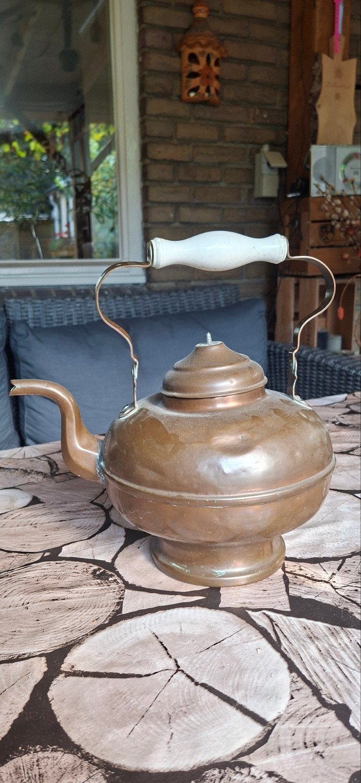Antieke Koperen Theepot met Houten Handvat, Antiek en Kunst, Ophalen of Verzenden