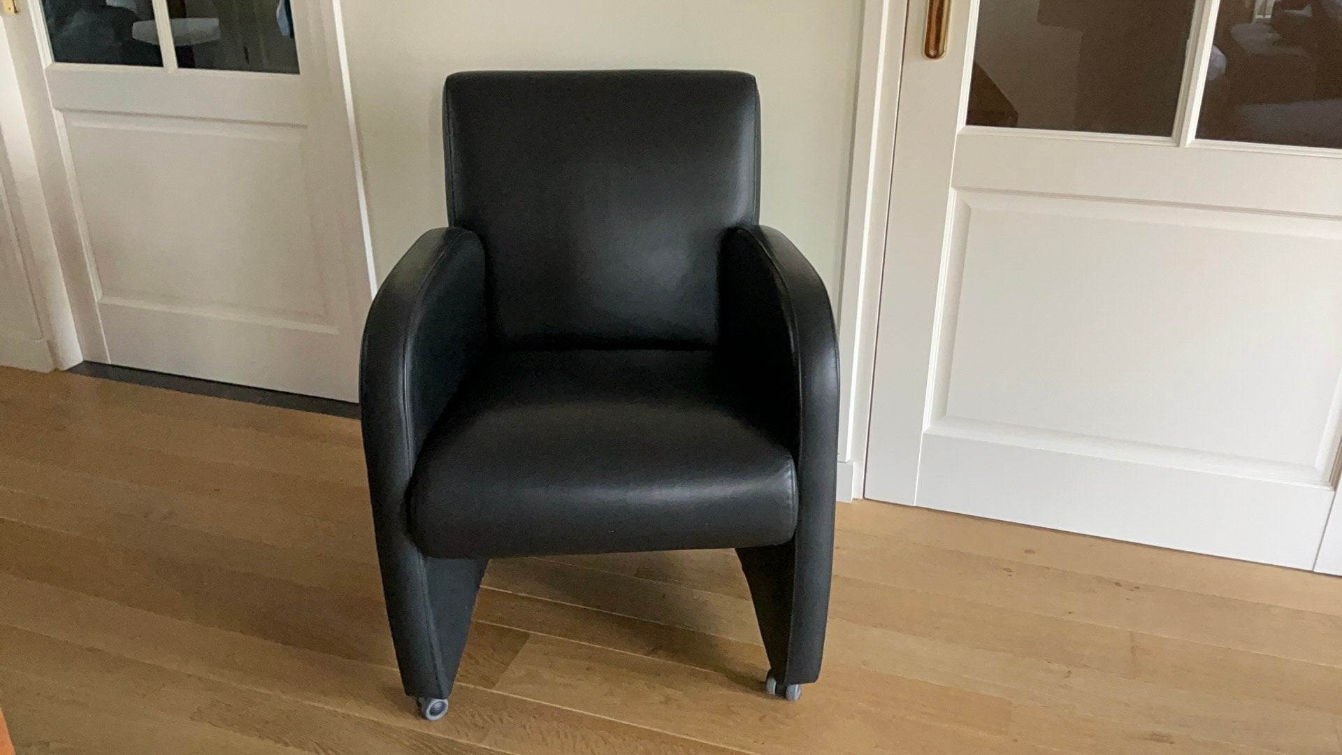 6 zwart leren eetkamerstoelen, Ophalen, Gebruikt, Minder dan 75 cm, Leer