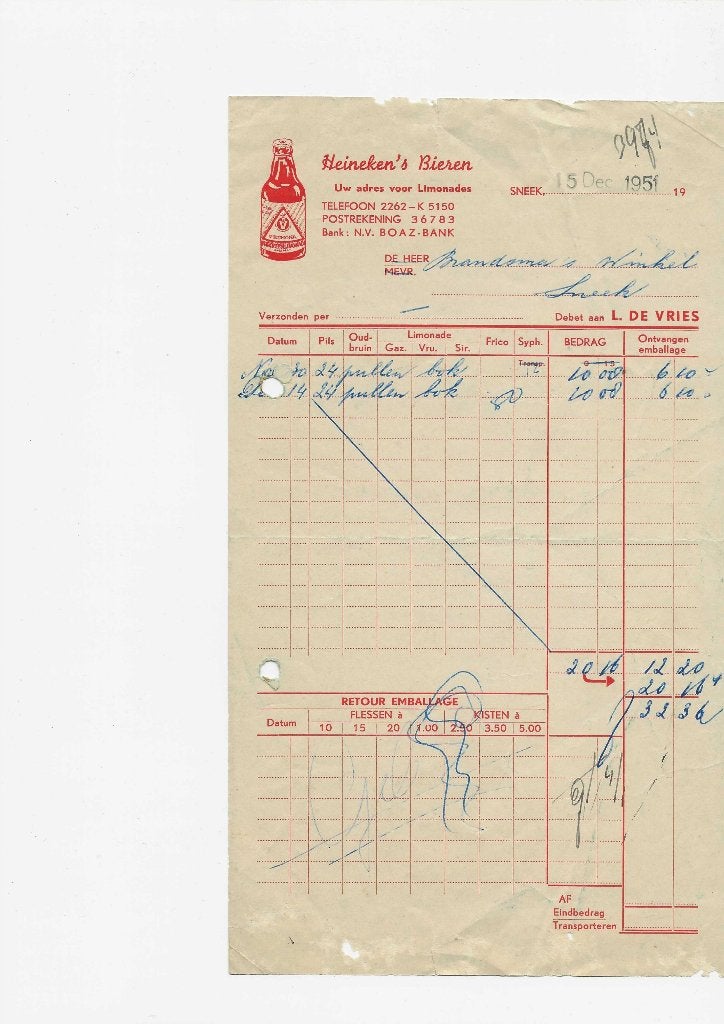 Factuur van L. de Vries Heineken's Bieren te Sneek, Ophalen of Verzenden, Gebruikt