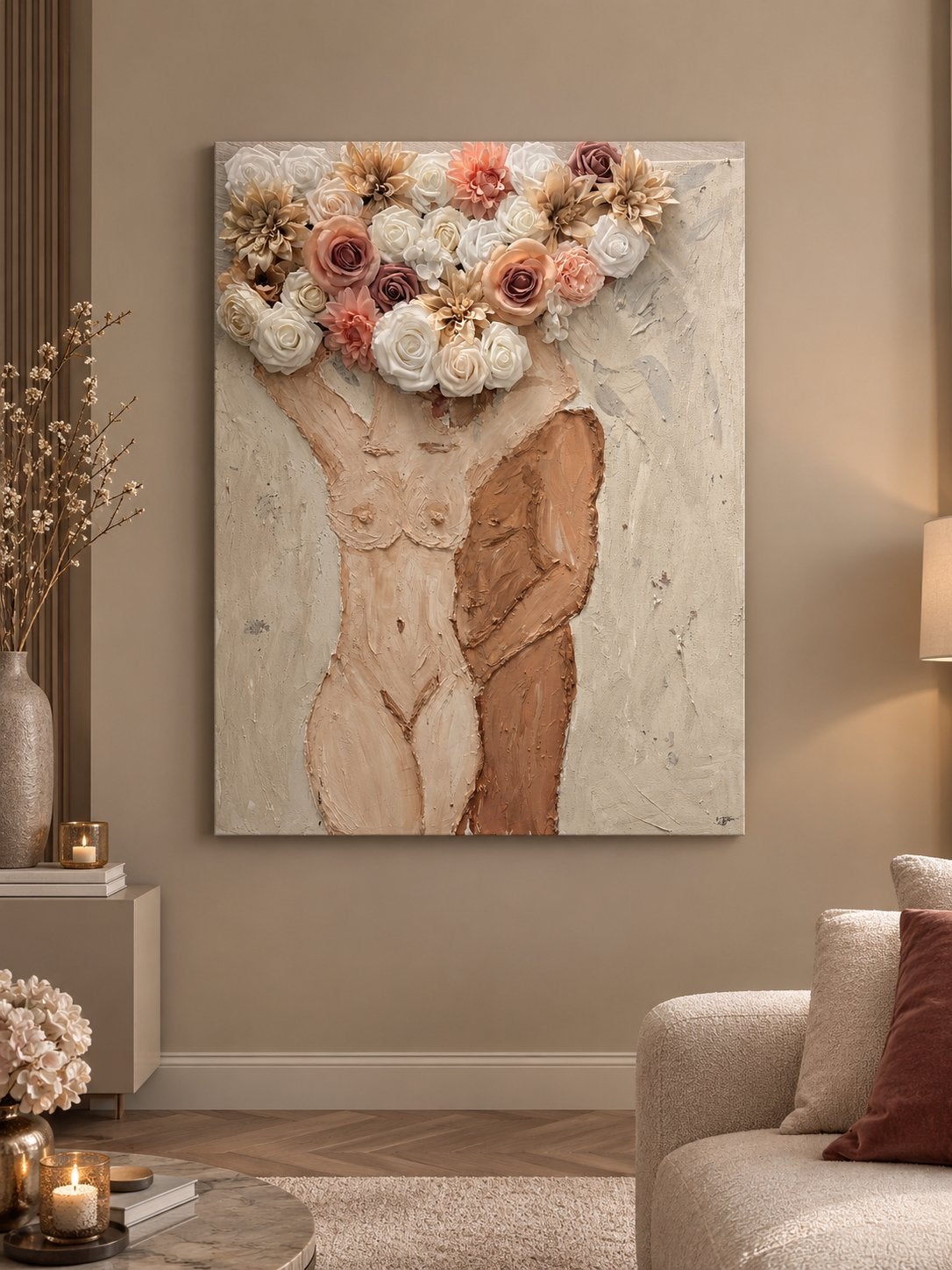 Uniek 3D schilderij: Vrouwenfiguren & Bloemencompositie, Figuren, 3D-effect, Ophalen of Verzenden, Gemengde techniek