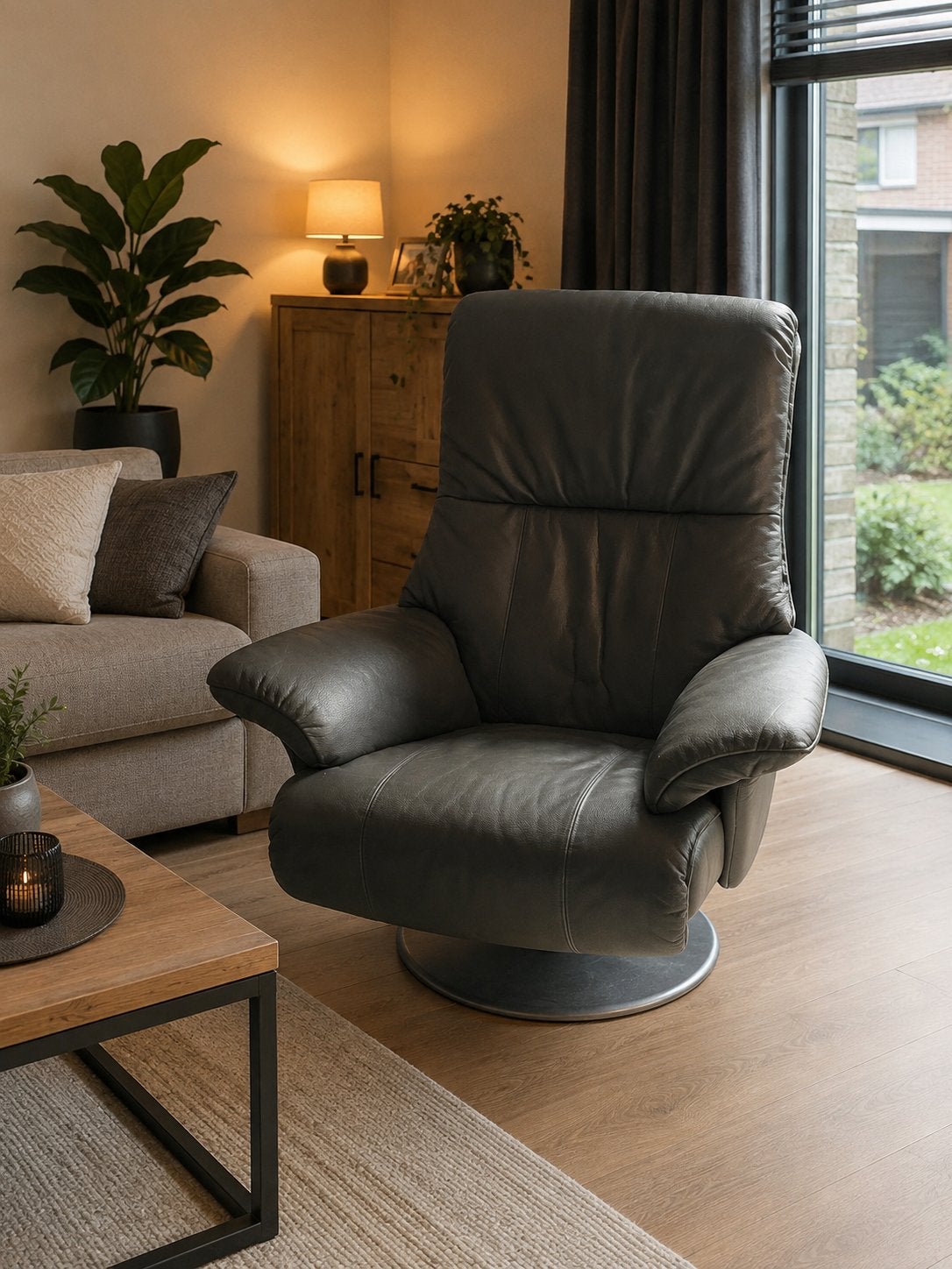 Hjort knudsen fauteuil grijs, Huis en Inrichting, Fauteuils, Ophalen, Gebruikt, 75 tot 100 cm, Leer
