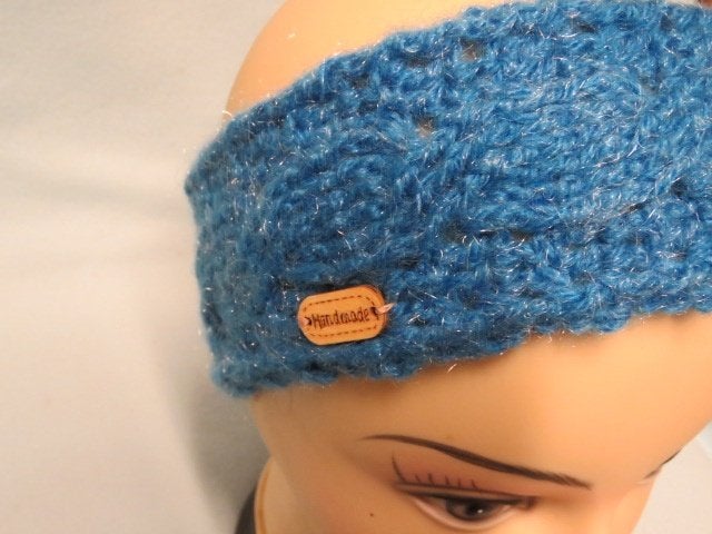 Warme handgehaakte hoofdband met kabel blauw one size, Kleding | Dames, Mutsen, Sjaals en Handschoenen, Maat 38/40 (M), Nieuw