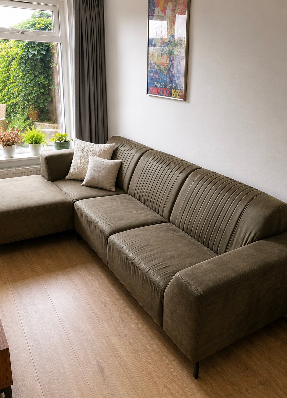 Hoekbank Woonenzo Prince | Olijfgroen | Nieuwprijs €1.099 |, Ophalen, 250 tot 300 cm, Hoekbank, Zo goed als nieuw