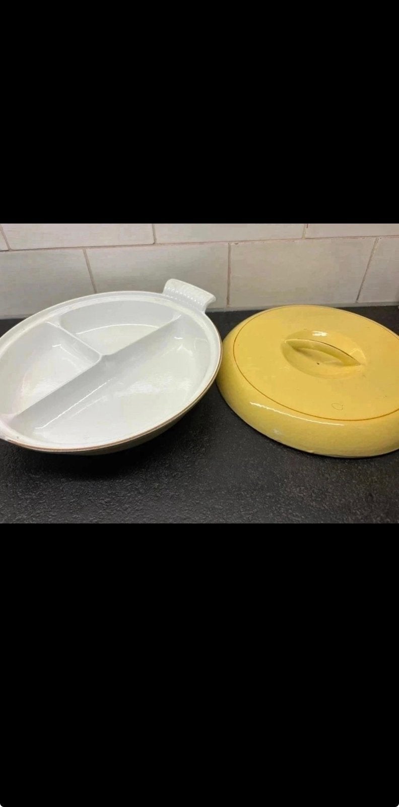 Vintage DRU gietijzer ovenschaal ovenbord vakkenbord retro, Gebruikt, Schaal, Geel, Ophalen of Verzenden