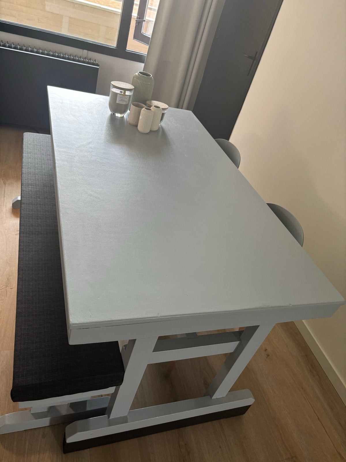 Eettafel met twee bankjes - 160x90x80 cm, Ophalen, Gebruikt, 50 tot 100 cm, 150 tot 200 cm