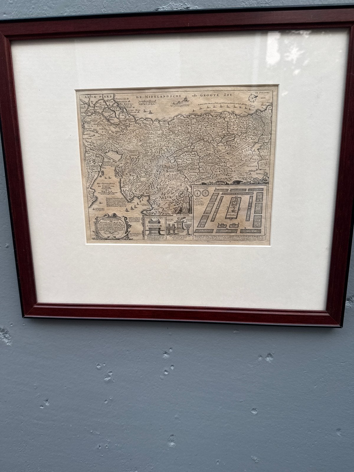 Antieke kaart 'De Midellandsche Groote Zee' ingelijst, Antiek en Kunst, Kunst | Etsen en Gravures, Ingelijst, Ets, Cartografie