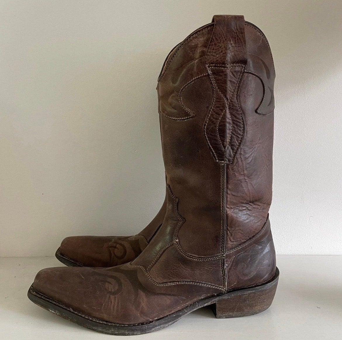 Bruine Bewerkt Leren Cowboy/Western Laarzen Heren Maat 42, Bruin, Boots, Ophalen of Verzenden, Gedragen