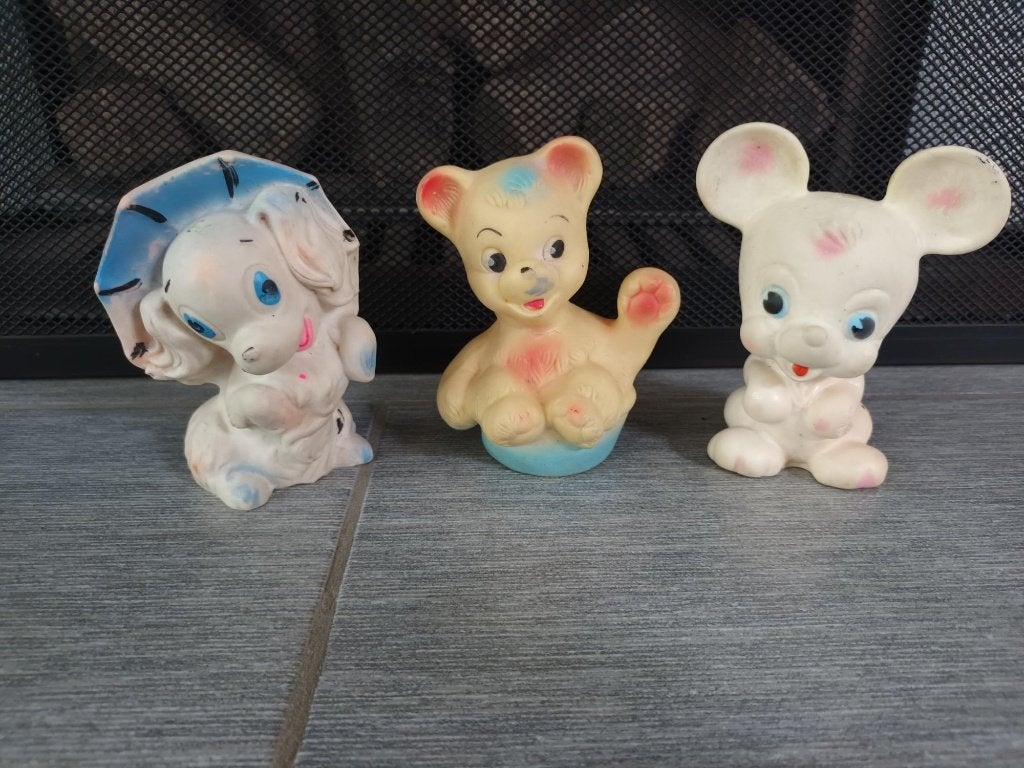3 Vintage jaren 60 piepspeelgoed beestjes, Ophalen of Verzenden, Gebruikt, Babypop