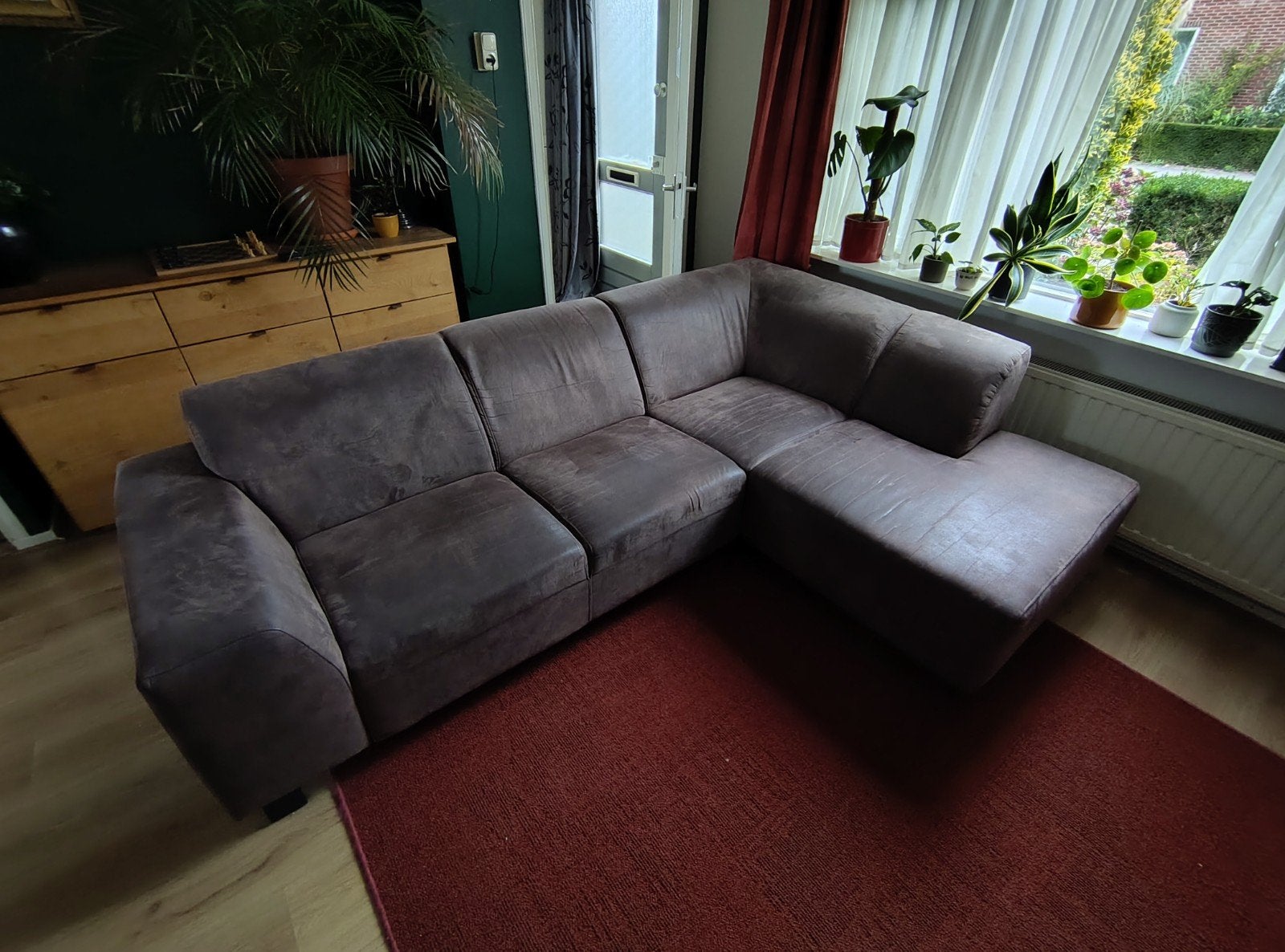 Bruine hoekbank 2,5m x 1.8m, lederen/ suède stof, Ophalen, Gebruikt, Stof