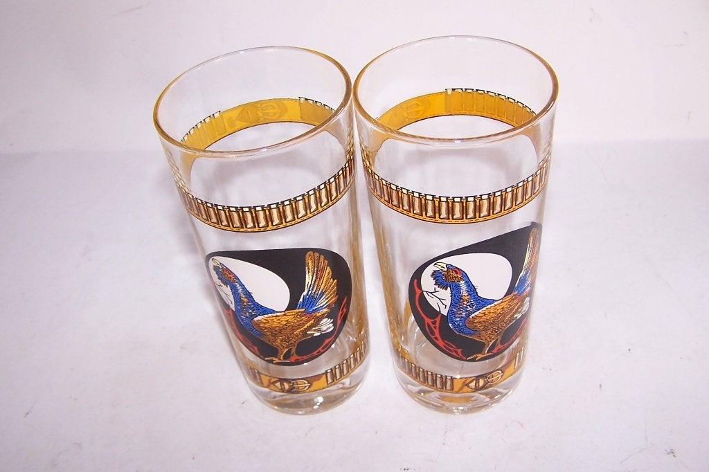 Set van 2 vintage glazen met fazant decoratie. Zie foto's, Ophalen of Verzenden, Zo goed als nieuw, Frisdrankglas