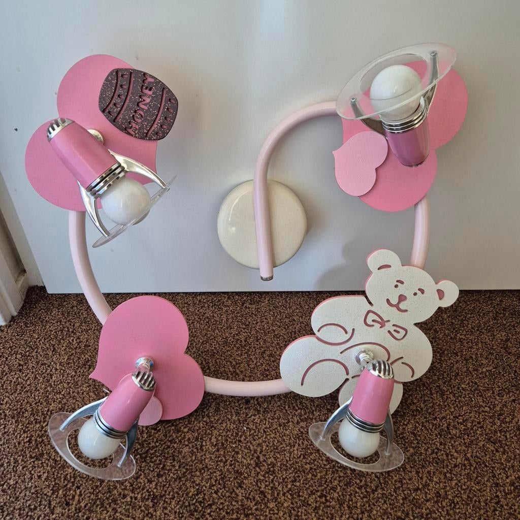 Roze Kinderkamer Lamp met Beer en Hartjes, Ophalen, Gebruikt, Hout, Minder dan 100 cm