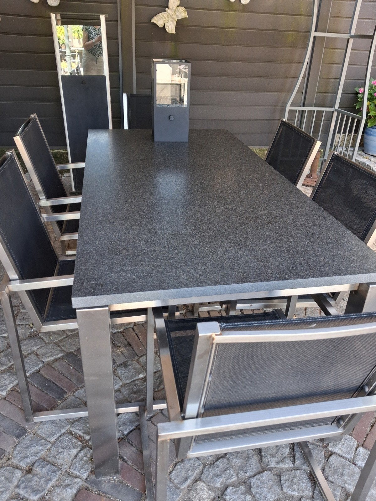 Te koop: rvs tuinset met graniet blad., Tuin en Terras, Tuinsets en Loungesets, Rvs, Ophalen