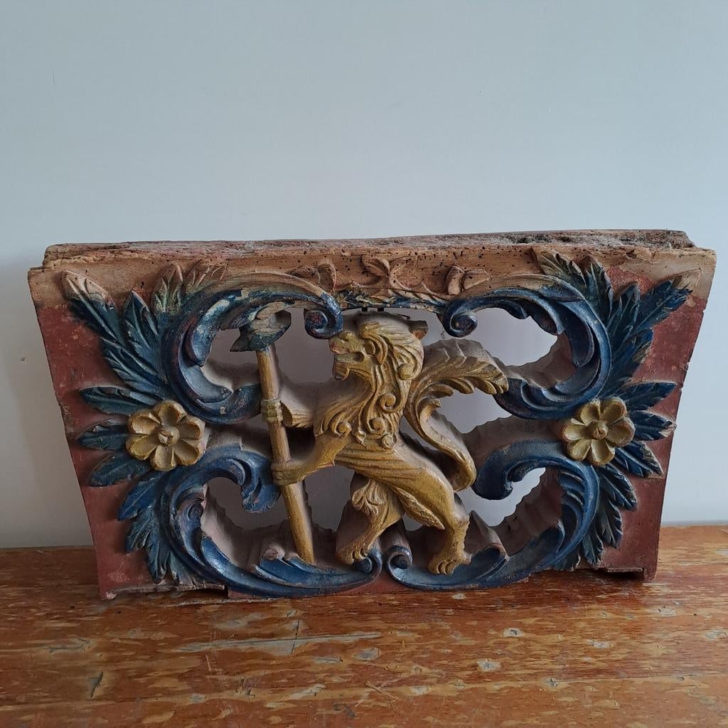 Antiek houtsnijwerk achterschamel boerenwagen leeuw, Ophalen of Verzenden