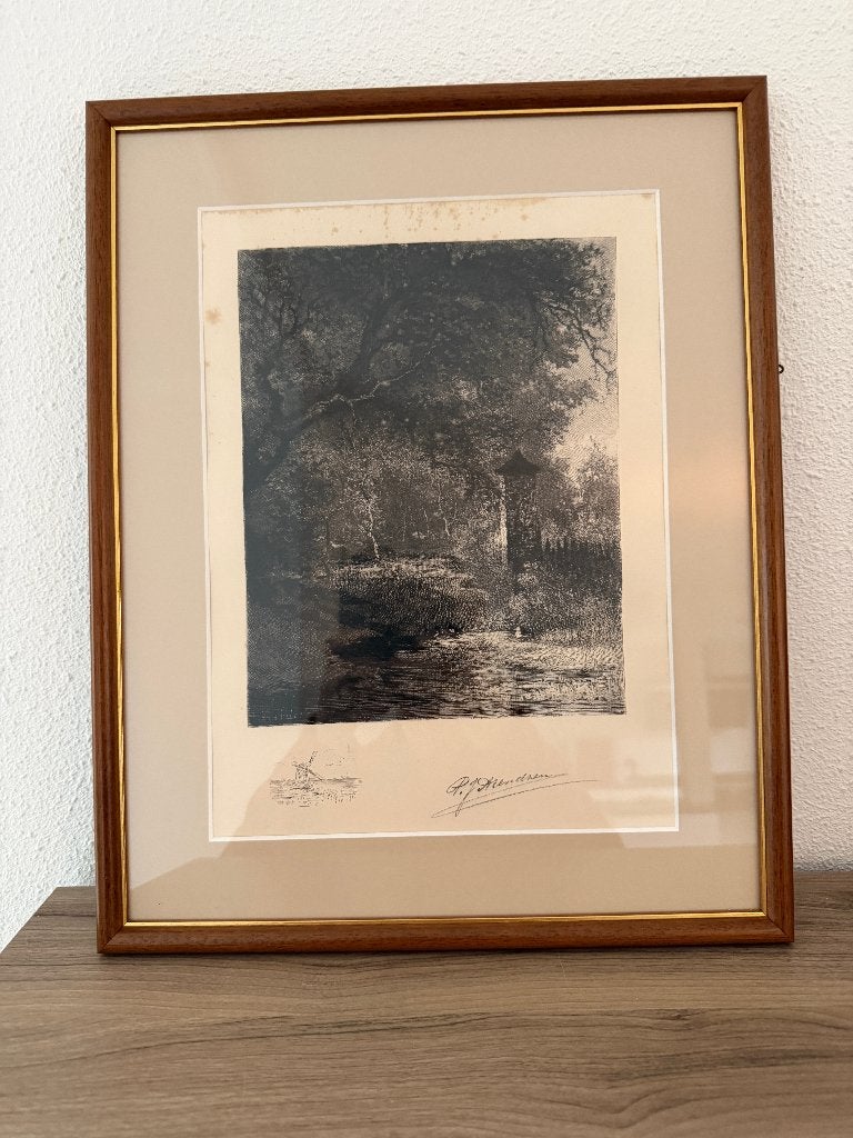 Ets / gravure P.J. Arendzen - toren in het bos, Gesigneerd, Ets, 43 cm, 35 cm
