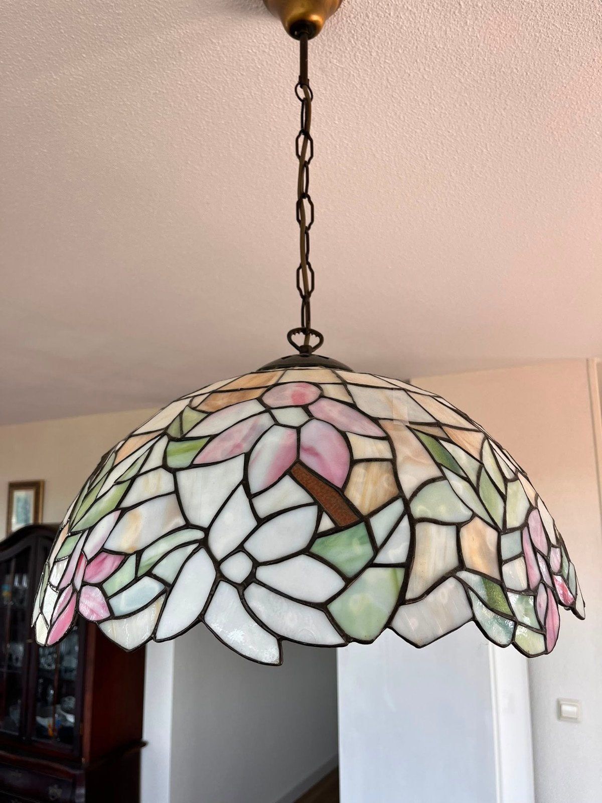 Tiffany Stijl Hanglamp met Bloemenmotief, Ophalen, E27 (groot), Zo goed als nieuw, Tiffany, Art Nouveau, Klassiek