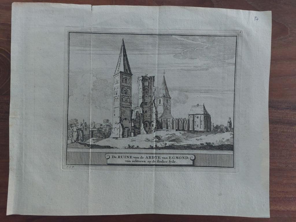 17 / ruine Abdij van Egmond - Originele gravure uit 1736, Ophalen of Verzenden