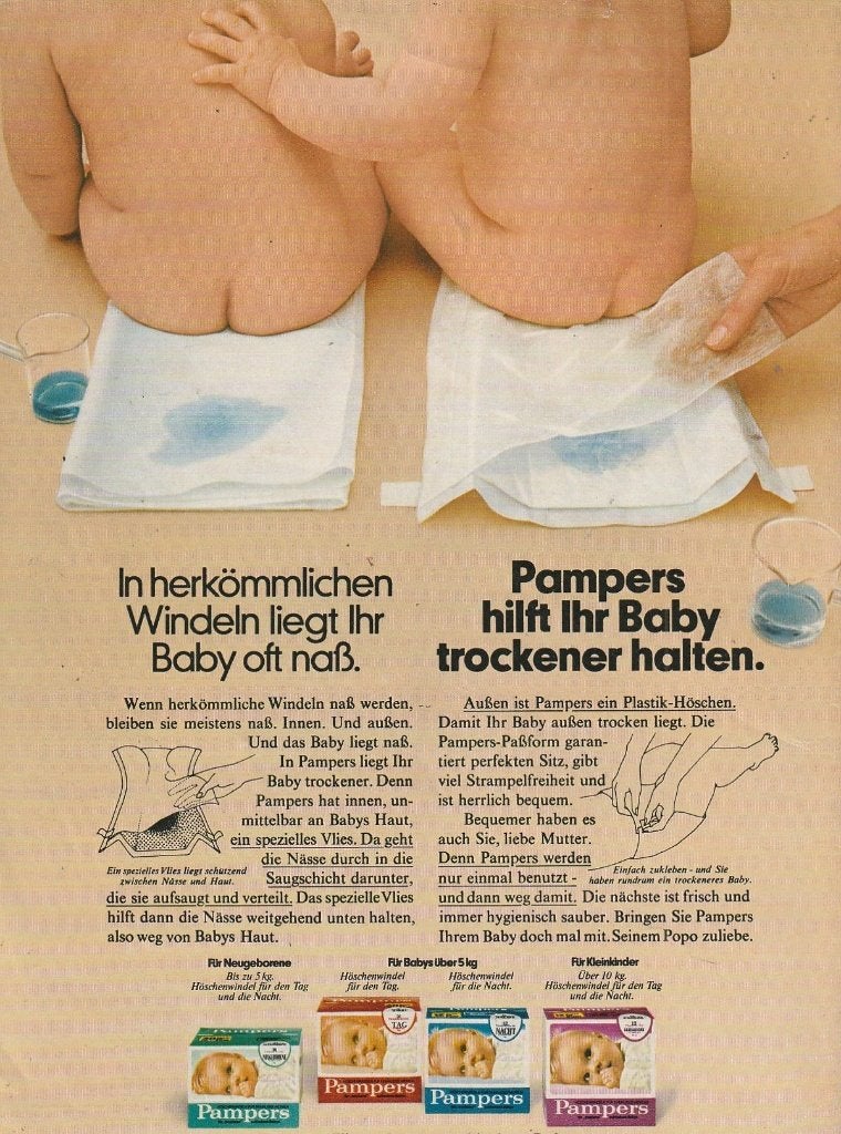 Retro reclame 1976 Pampers baby luiers al 4 soorten, Verzamelen, Verzenden, Overige typen