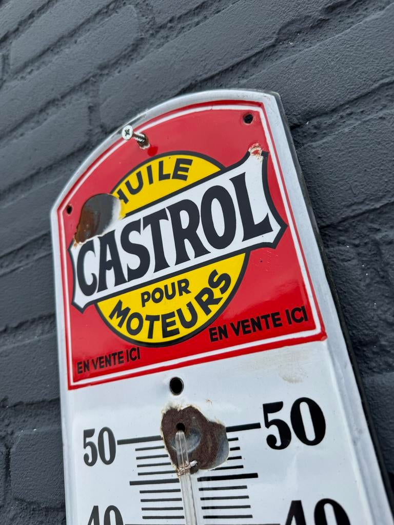 Vintage Castrol Thermometer - Emaille Buitenthermometer, Antiek en Kunst, Antiek | Emaille, Ophalen of Verzenden