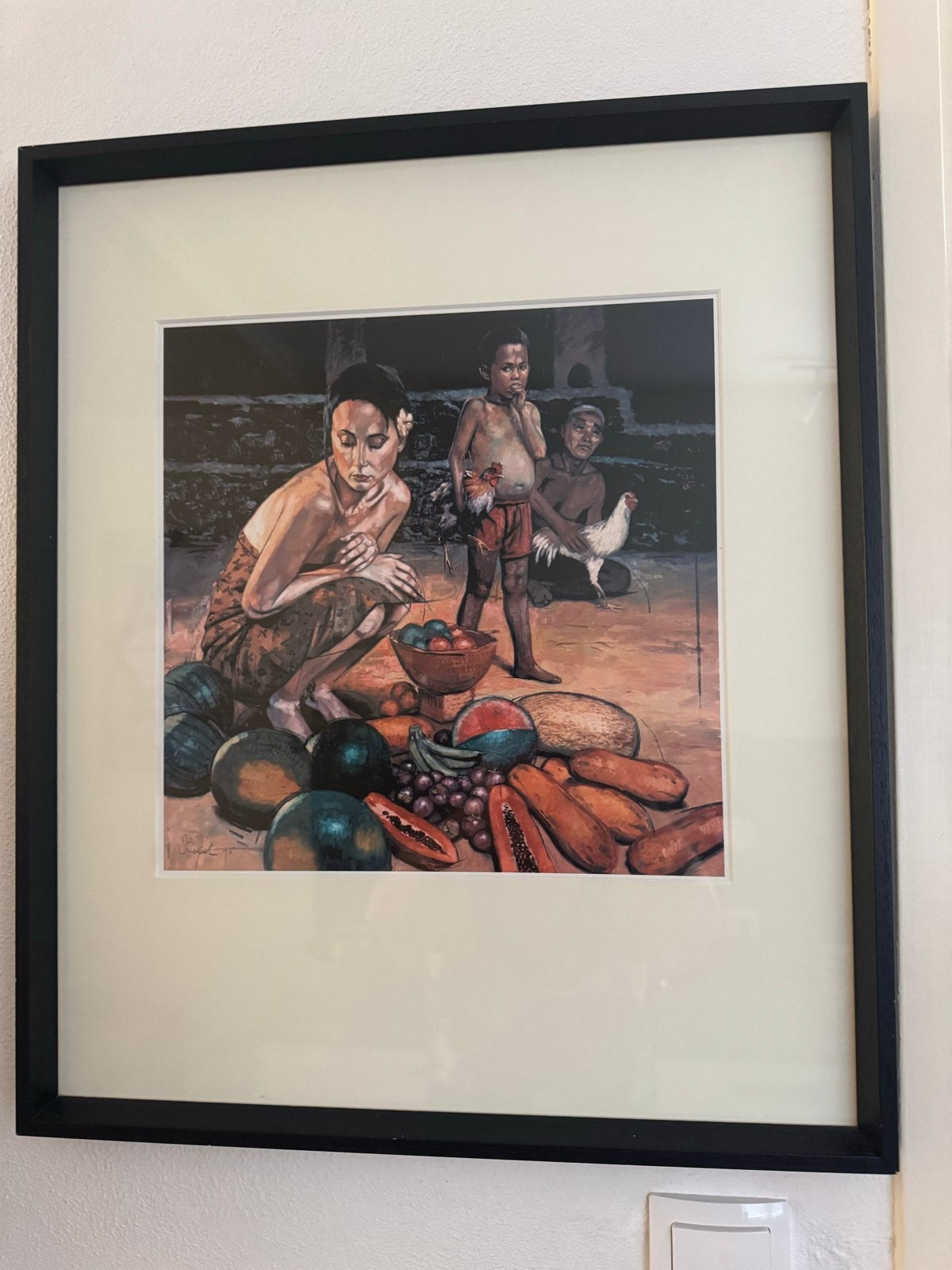 Ingelijste print van Balinese marktscène, 62x52 cm, Ophalen