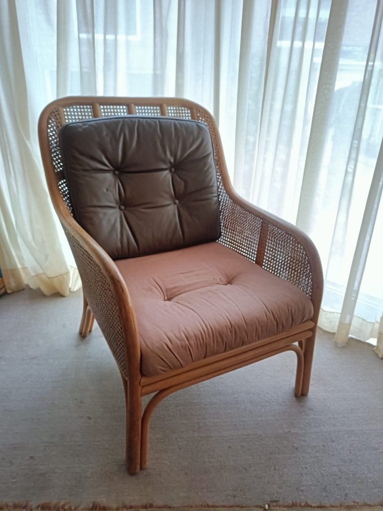 Rotan stoel met 2 kussens, Ophalen, Gebruikt, Bruin, Riet of Rotan