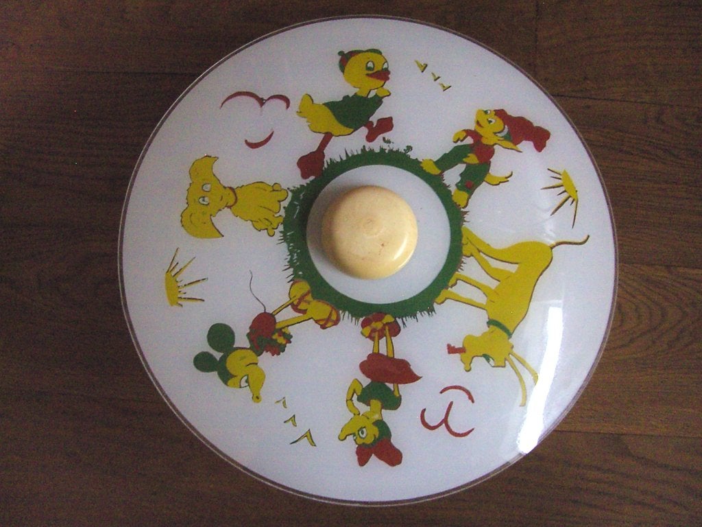 Vintage Plafonniere met oude Disney figuren, Huis en Inrichting, Ophalen of Verzenden, Gebruikt, Glas, Plafondlamp