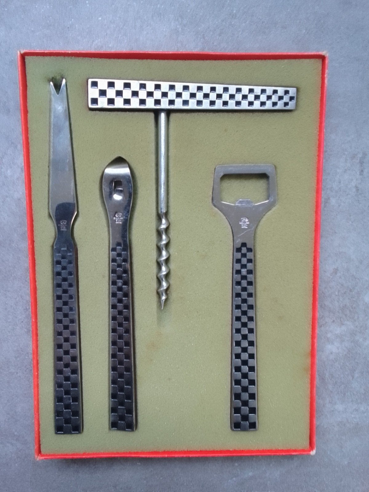 Yax bar set, vintage, 4dlg rvs en teak, geblokte vlag serie, Ophalen of Verzenden, Zo goed als nieuw