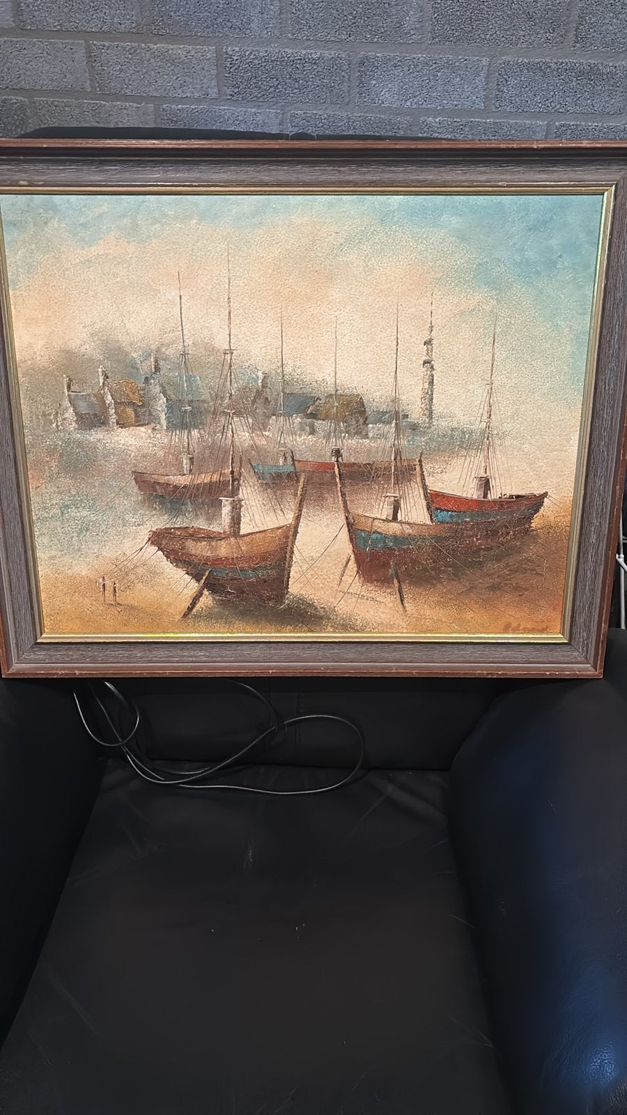 Antieke houten lijst met schilderij van boten, Ophalen, Doek, Oud hollands, Stilleven