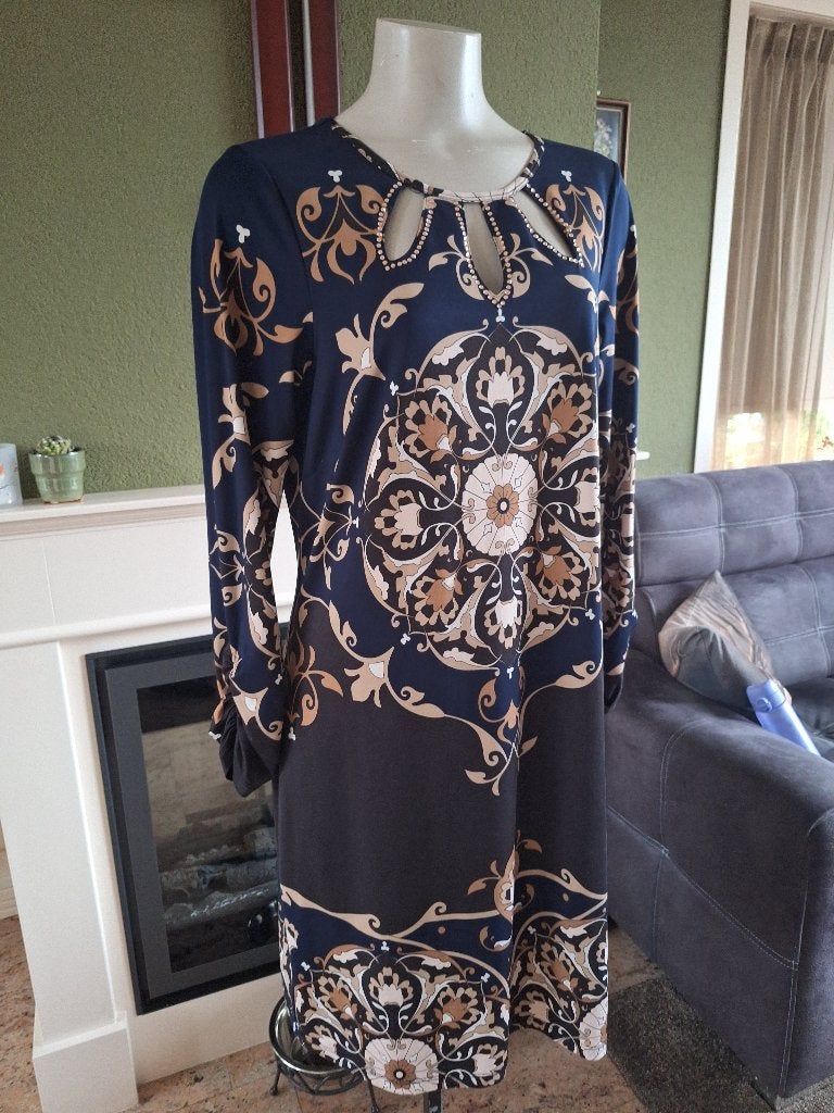 K-Design K Design jurk blauw bruin L, Kleding | Dames, K-design, Maat 42/44 (L), Zo goed als nieuw, Knielengte