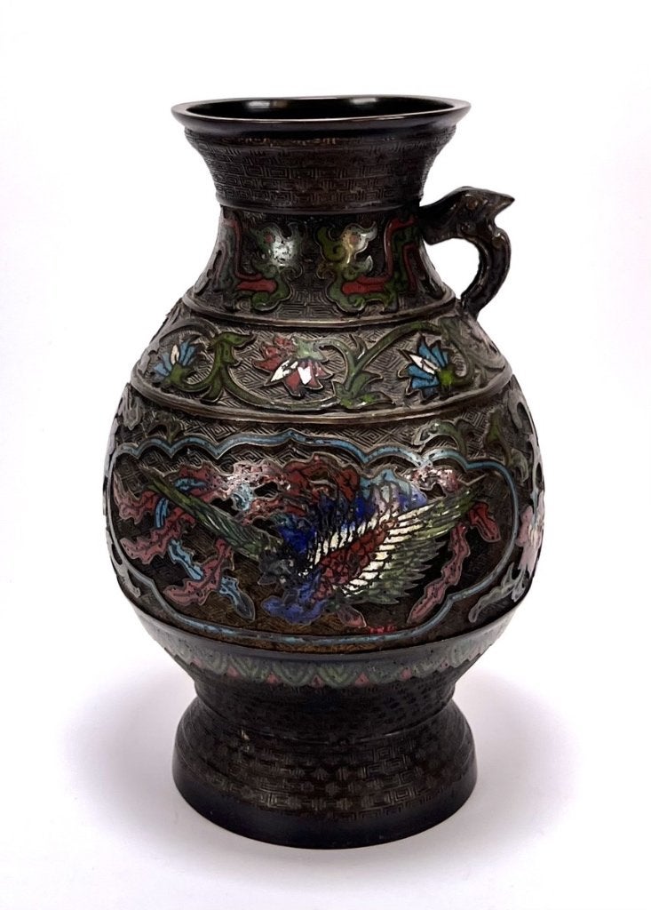 877. Cloisonné vaas – bloemranken en vogelmotief, 20e eeuw, Ophalen of Verzenden