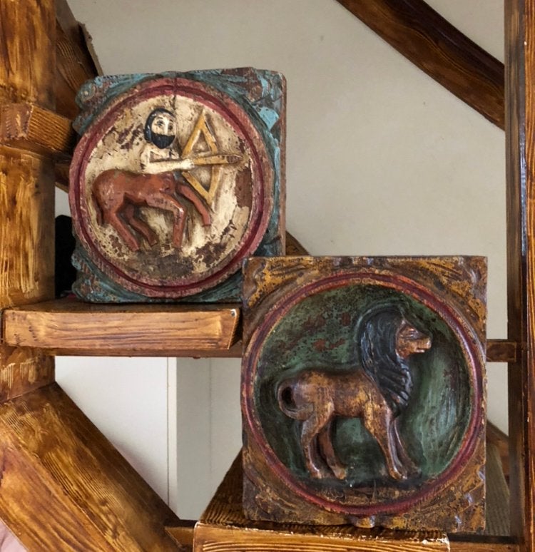 Zodiac Houtsnijwerk Brutalist Leeuw Duits Vintage, Antiek en Kunst, Ophalen of Verzenden