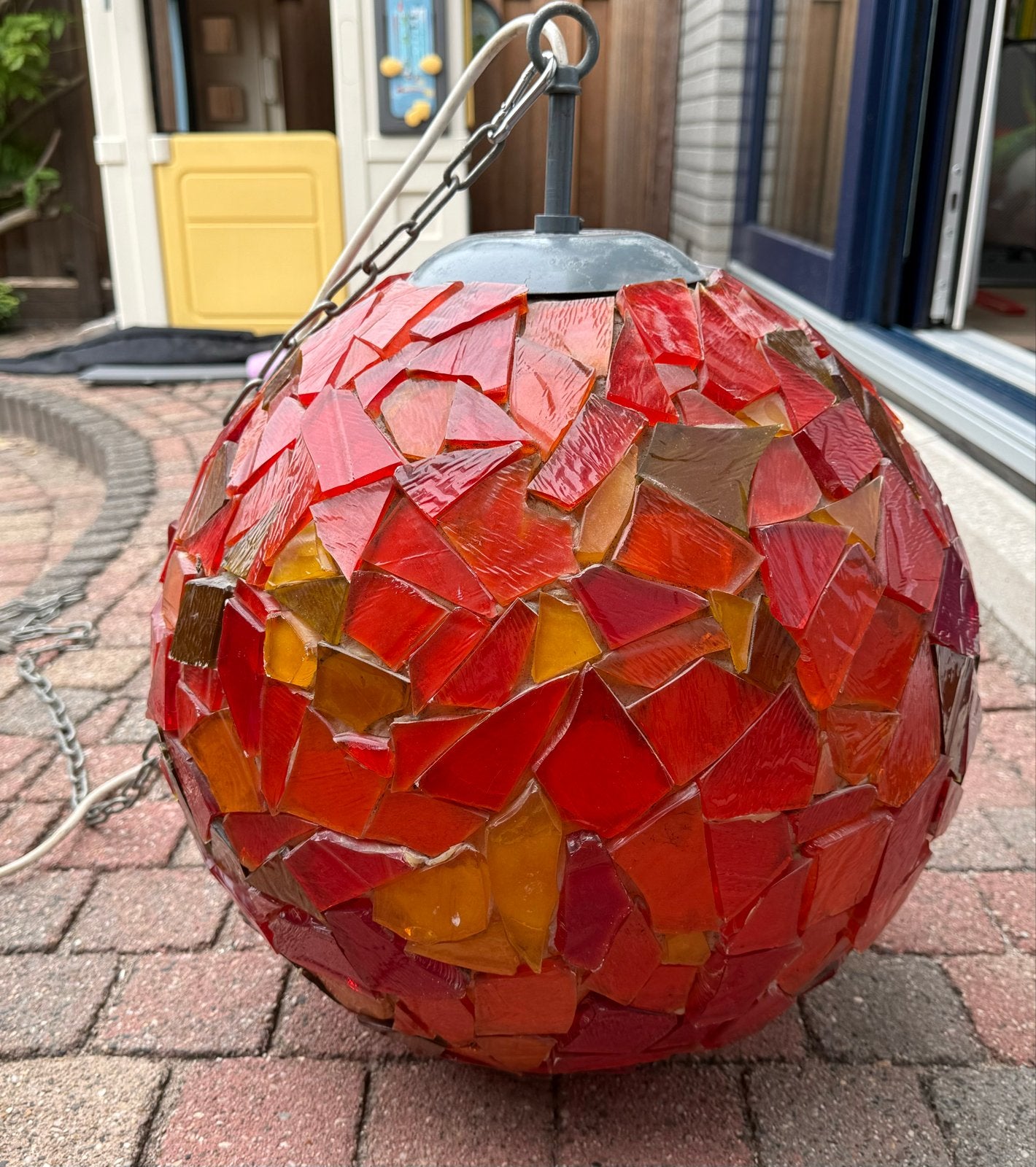 Unieke mozaïek hanglamp - Rood/Oranje glas, Ophalen, Zo goed als nieuw, Glas, E27 (groot)
