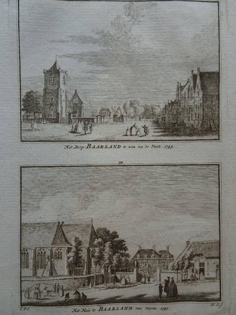 gravure Het dorp en huis Baarland, Zeeland 1745, Spilman, Verzenden, Stadsgezicht, Gravure, Origineel
