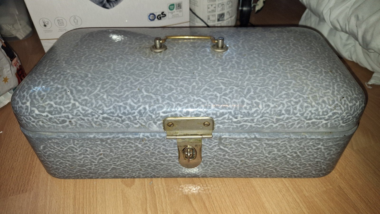 Vintage geëmailleerde broodtrommel - grijs gewolkt, Ophalen of Verzenden