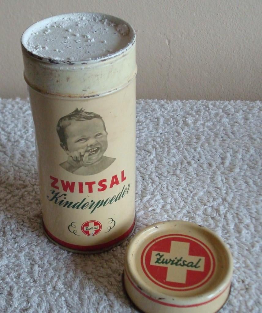 Zwitsal baby/kinder poeder blikje + inhoud jaren '60 vintage, Verzamelen, Blikken, Verzenden, Gebruikt, Overige