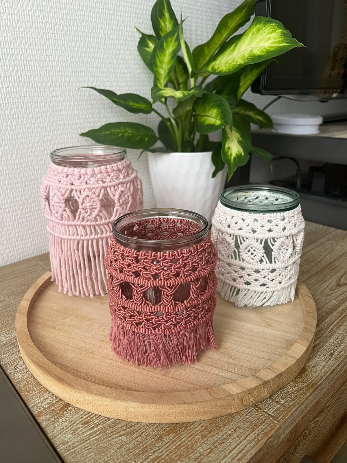 Macramé Windlichten Set - Roze, Oudroze, Crème, Meerkleurig, Boho, Ophalen of Verzenden, Zo goed als nieuw
