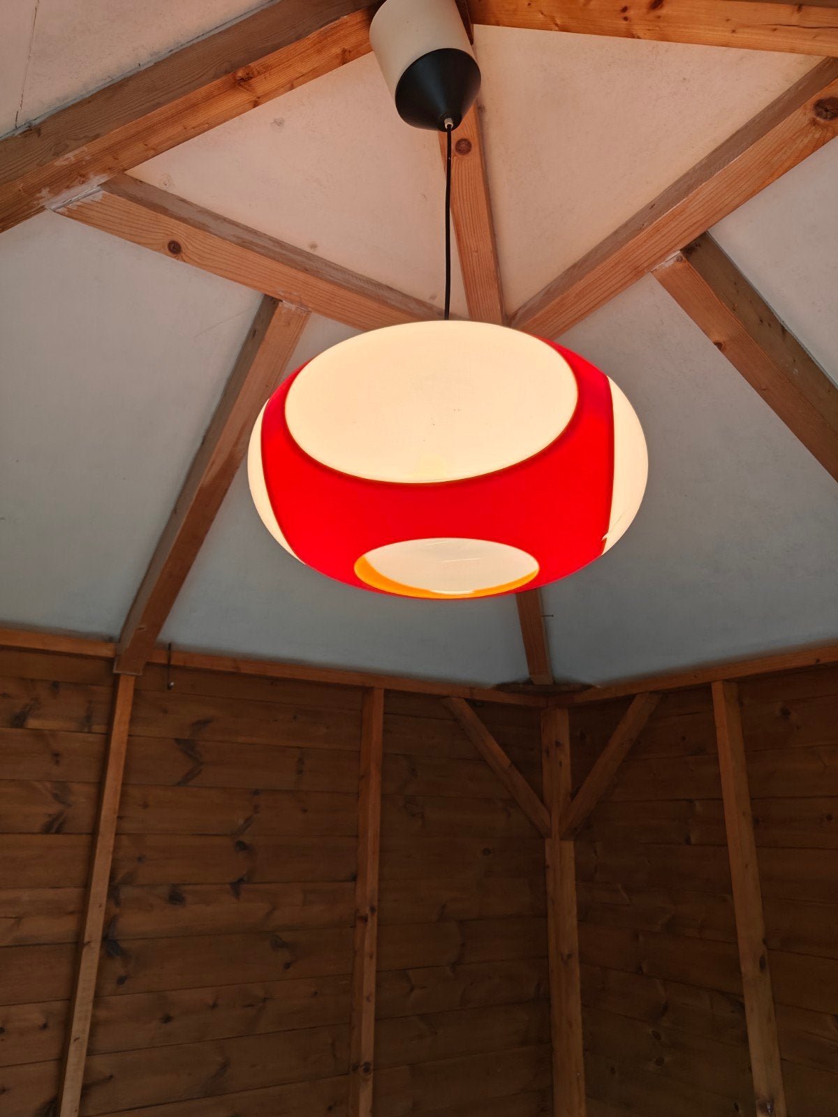 Vintage paddestoel hanglamp rood/wit - Jaren '70 stijl, Ophalen, Gebruikt, E27 (groot), Vintage, Jaren '70, Retro, Space Age