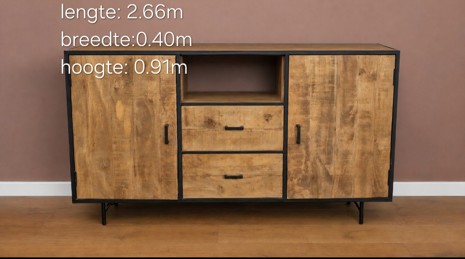 Industriële Sideboard van Mangohout met Zwart Metalen Frame, Gebruikt, Met lade(s), 200 cm of meer, Industrieel