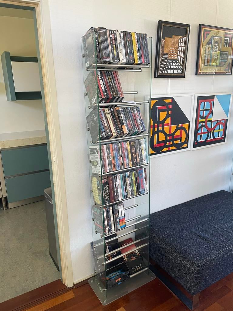 Glazen CD/DVD-rek (2x), Huis en Inrichting, Ophalen, 150 discs of meer, Cd's of Dvd's, Glas