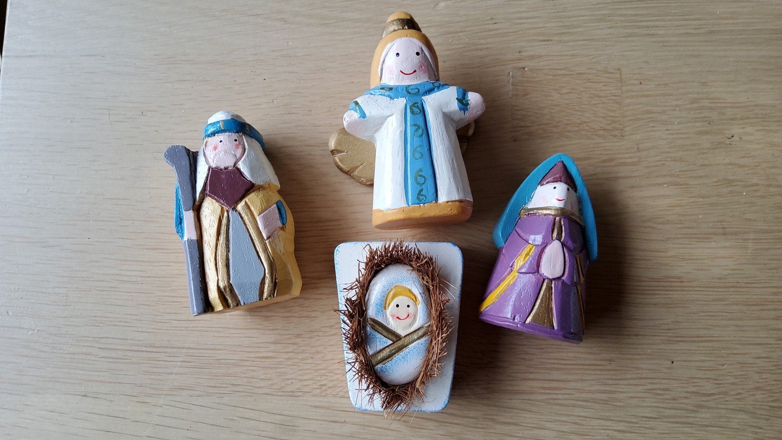 vintage houten aparte kerstgroep Jezus Maria Jozef engel, Ophalen of Verzenden