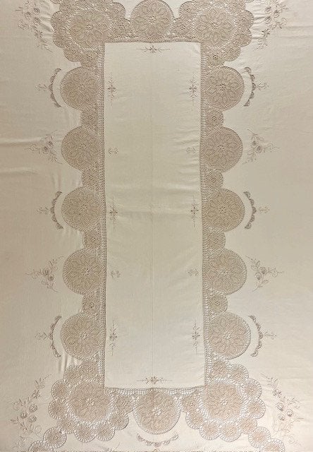 Antiek Frans tafelkleed met 12 servetten Richelieu handwerk, Ophalen of Verzenden