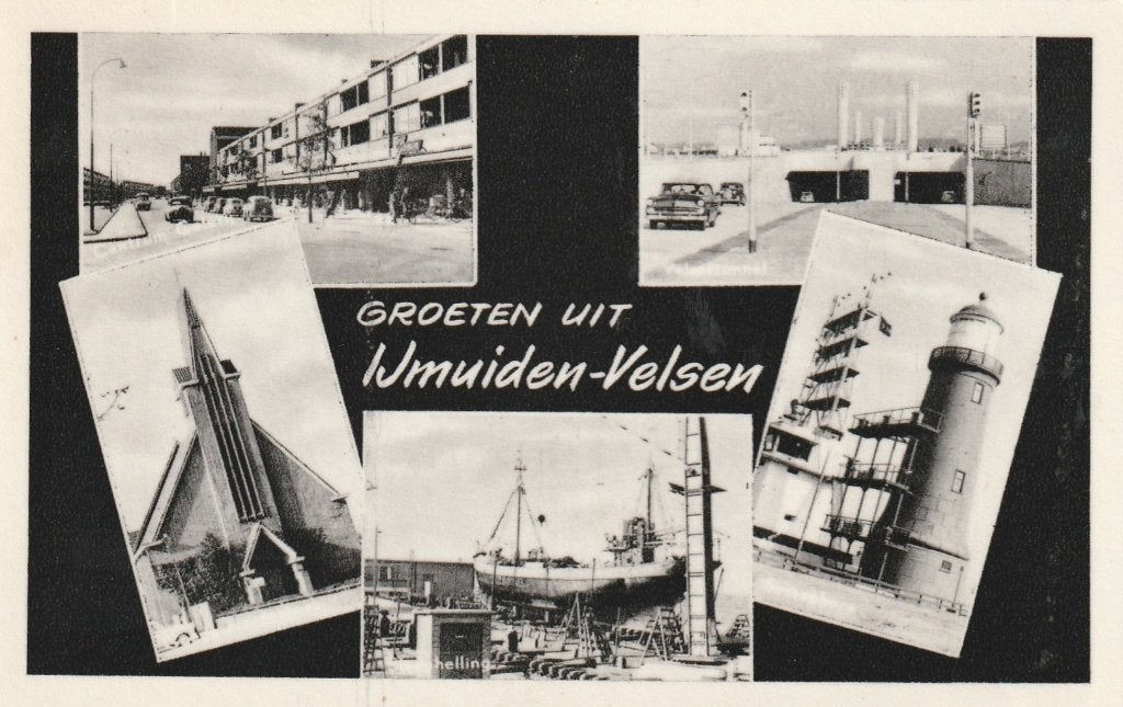IJMUIDEN VELSEN Winkels Kerk Tunnel Vuurtoren, Verzamelen, Ansichtkaarten | Nederland, Verzenden, 1940 tot 1960, Gelopen, Noord-Holland