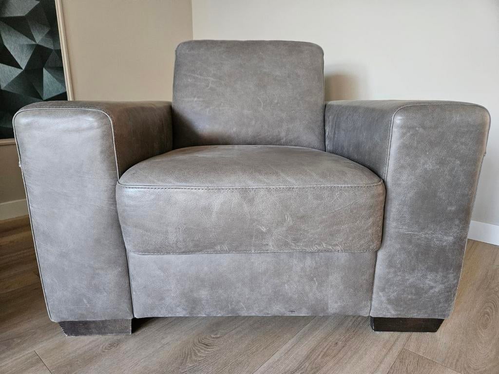 Fauteuil geijs leer, Huis en Inrichting, Fauteuils, Ophalen, Zo goed als nieuw, 50 tot 75 cm, Leer