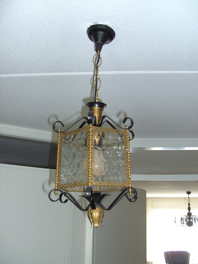 Antieke hallamp, metaal met glas, Ophalen of Verzenden, Gebruikt, Glas