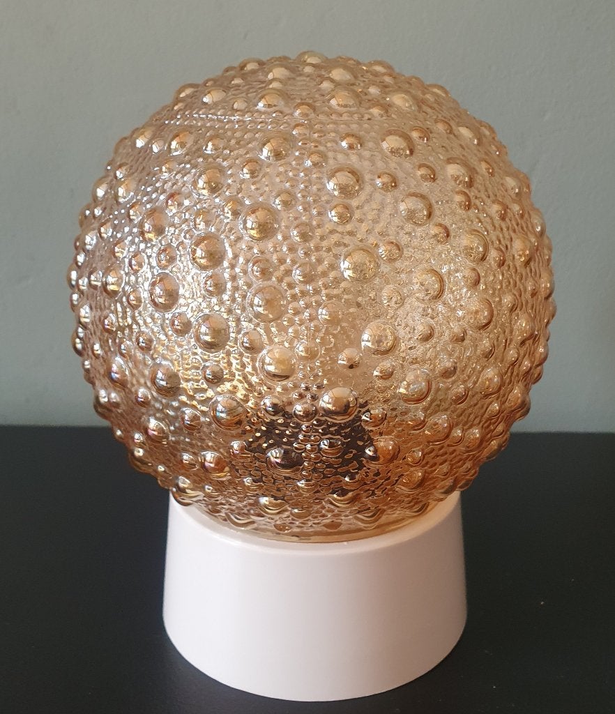 Mid Century Plafondlamp - bol -  amber bubbleglass patroon, Huis en Inrichting, Vintage, Zo goed als nieuw, Plafondlamp, Glas