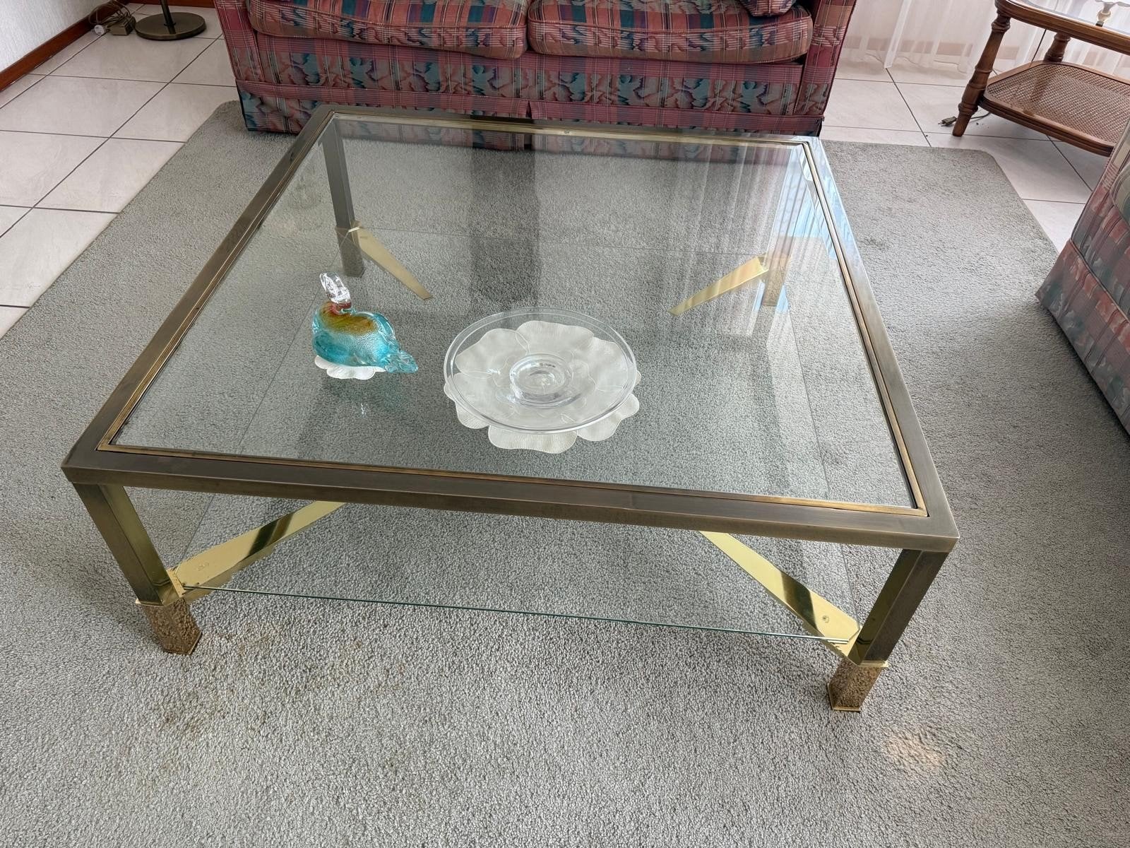 Glazen salon tafel met gouden randen, Huis en Inrichting, Tafels | Salontafels, Ophalen, Gebruikt, Vierkant, 100 tot 150 cm