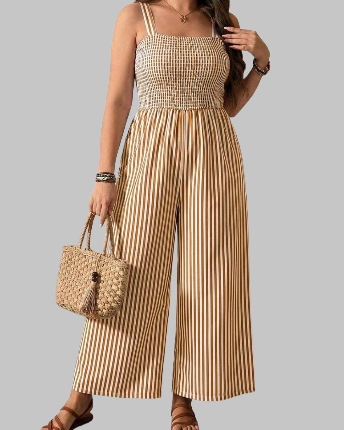 Gestreepte Jumpsuit Caramel (44-52), Kleding | Dames, Verzenden, Nieuw, Bruin, Broek of Spijkerbroek