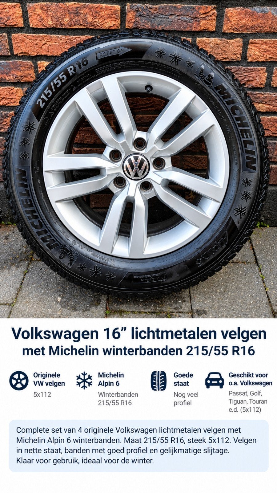 VW 16” velgen + Michelin Alpin winterbanden 215/55 R16, Auto-onderdelen, Ophalen, 16 inch, Banden en Velgen, Winterbanden