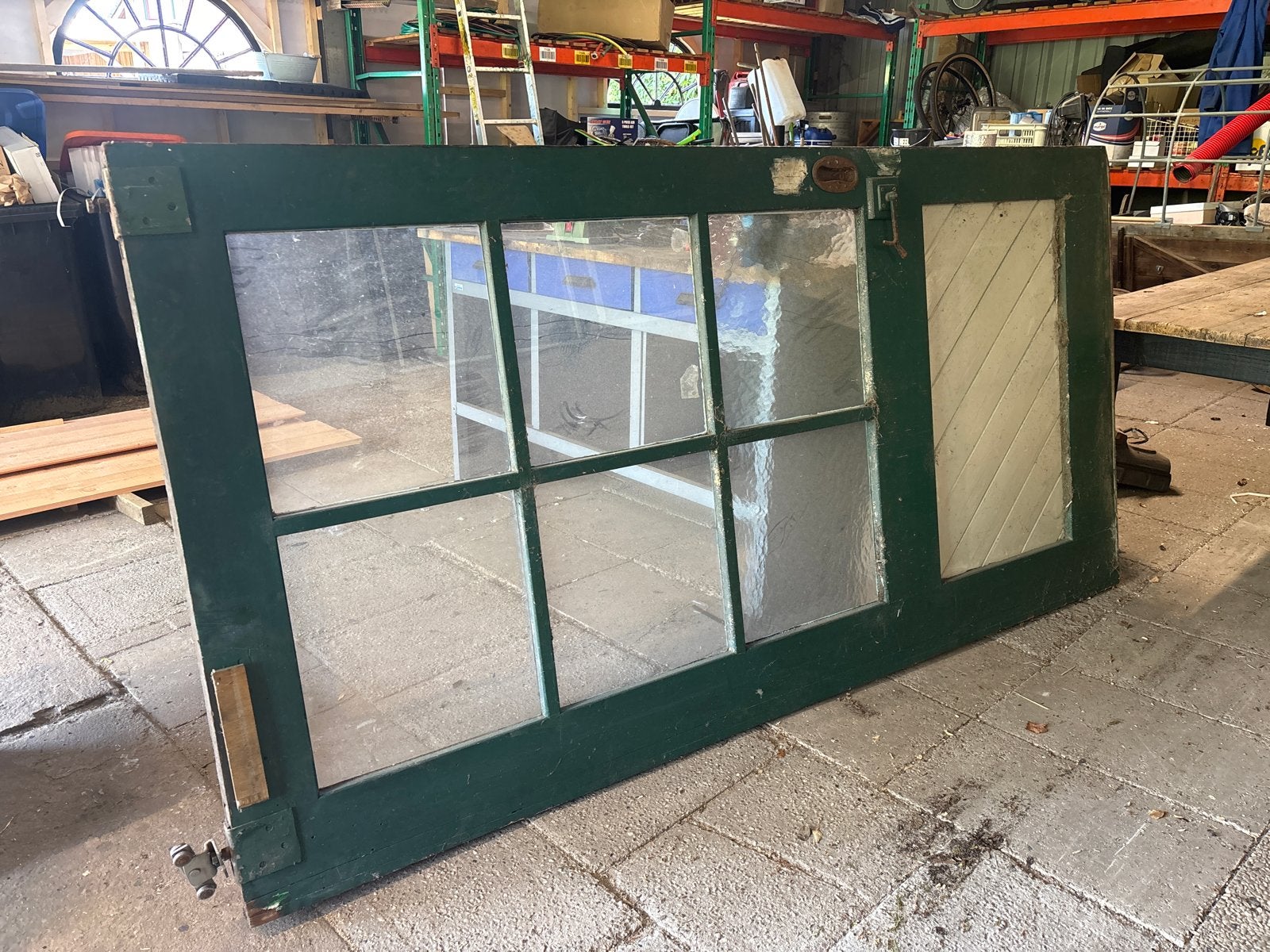 Oude houten deur met glas - Groen. Schuifdeur of als paneel, Doe-het-zelf en Verbouw, Deuren en Horren, Gebruikt, Binnendeur, Schuifdeur