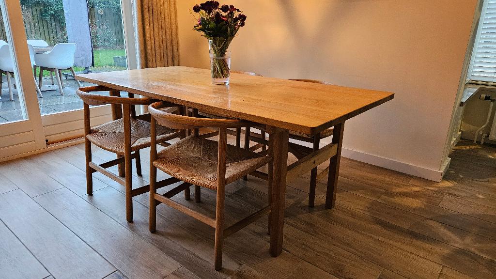 Eettafel 6284 Table Mogensen met 4  stoelen PP 201 Wegner, Ophalen, Gebruikt, Eikenhout, 50 tot 100 cm