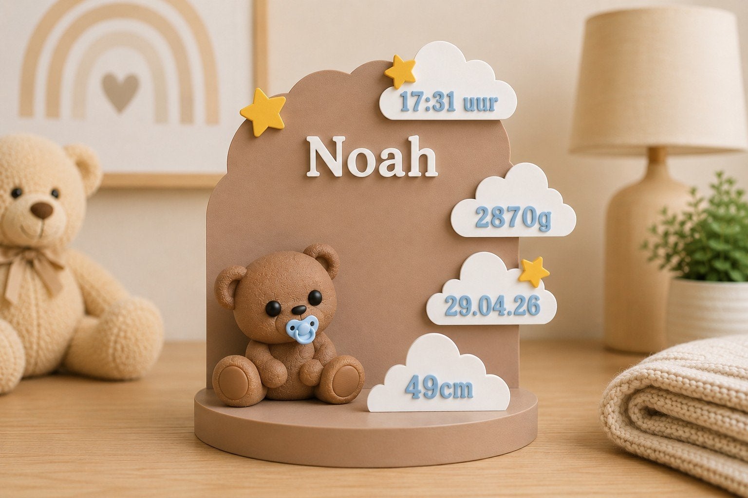 Gepersonaliseerd 3D geboortebord met beertje | kraamcadeau, Ophalen of Verzenden, Nieuw, Geboortebord